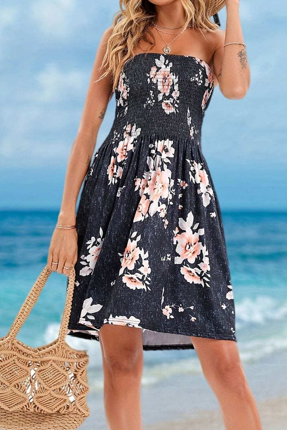 Full Size Smocked Printed Tube Mini Dress - Trendsi - Flyclothing LLC