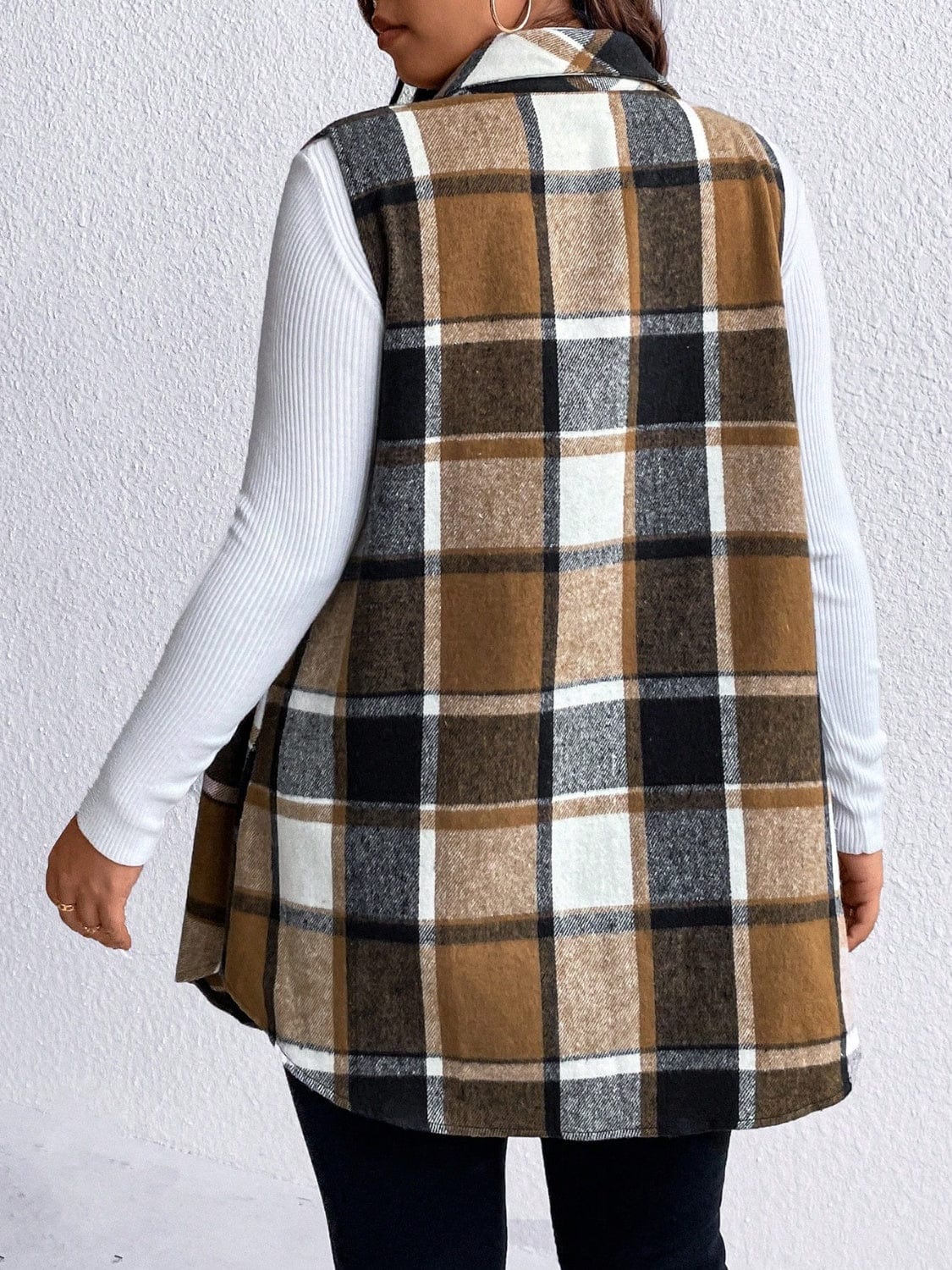 Honey Plus Size Pocketed Plaid Button Up Vest Coat - Trendsi
