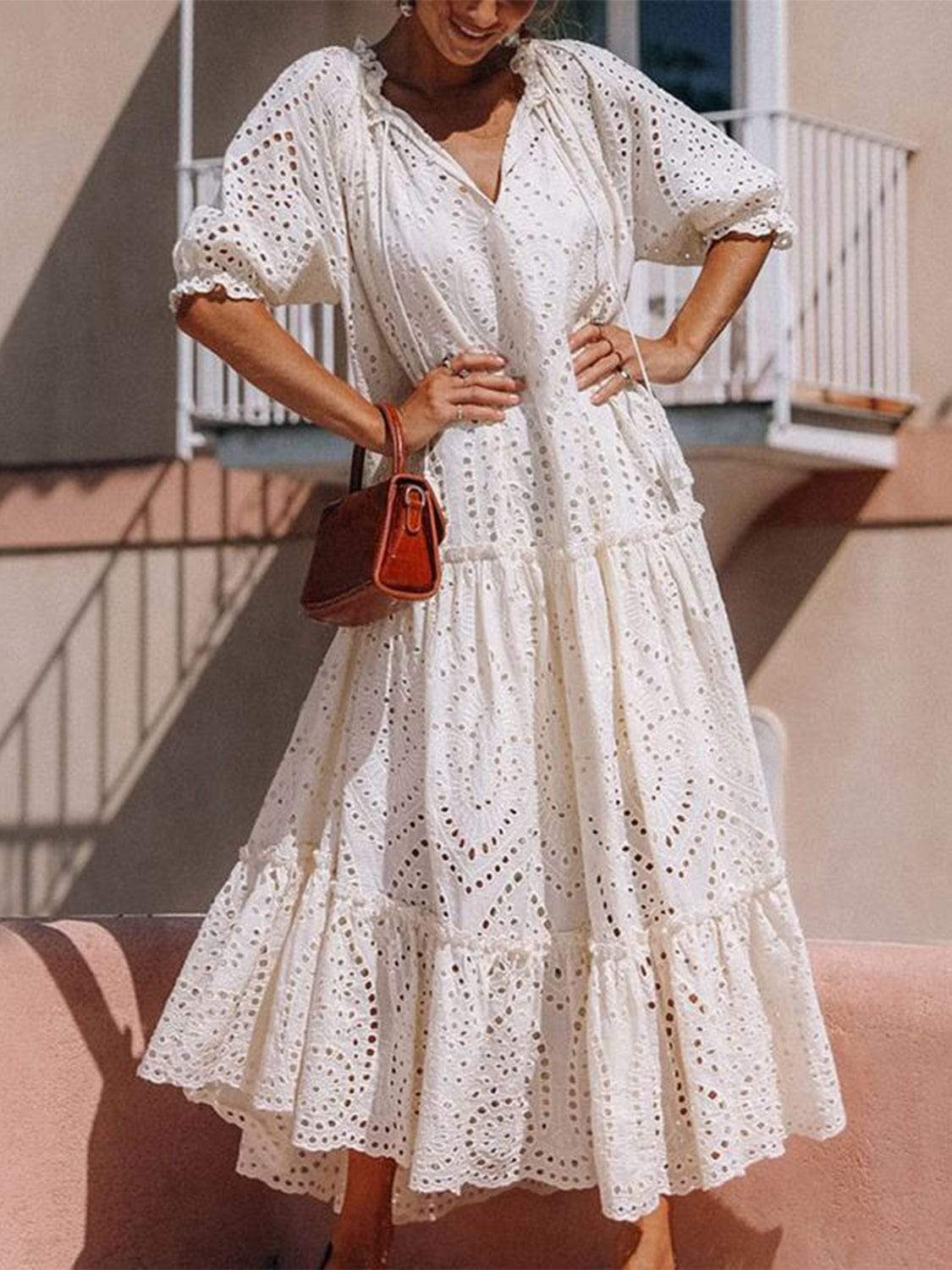 Tie Neck Half Sleeve Tiered Dress - Trendsi - Flyclothing LLC