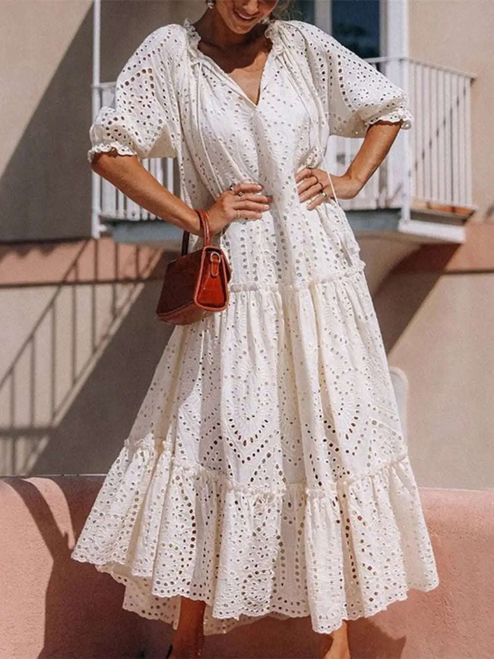 Tie Neck Half Sleeve Tiered Dress - Trendsi