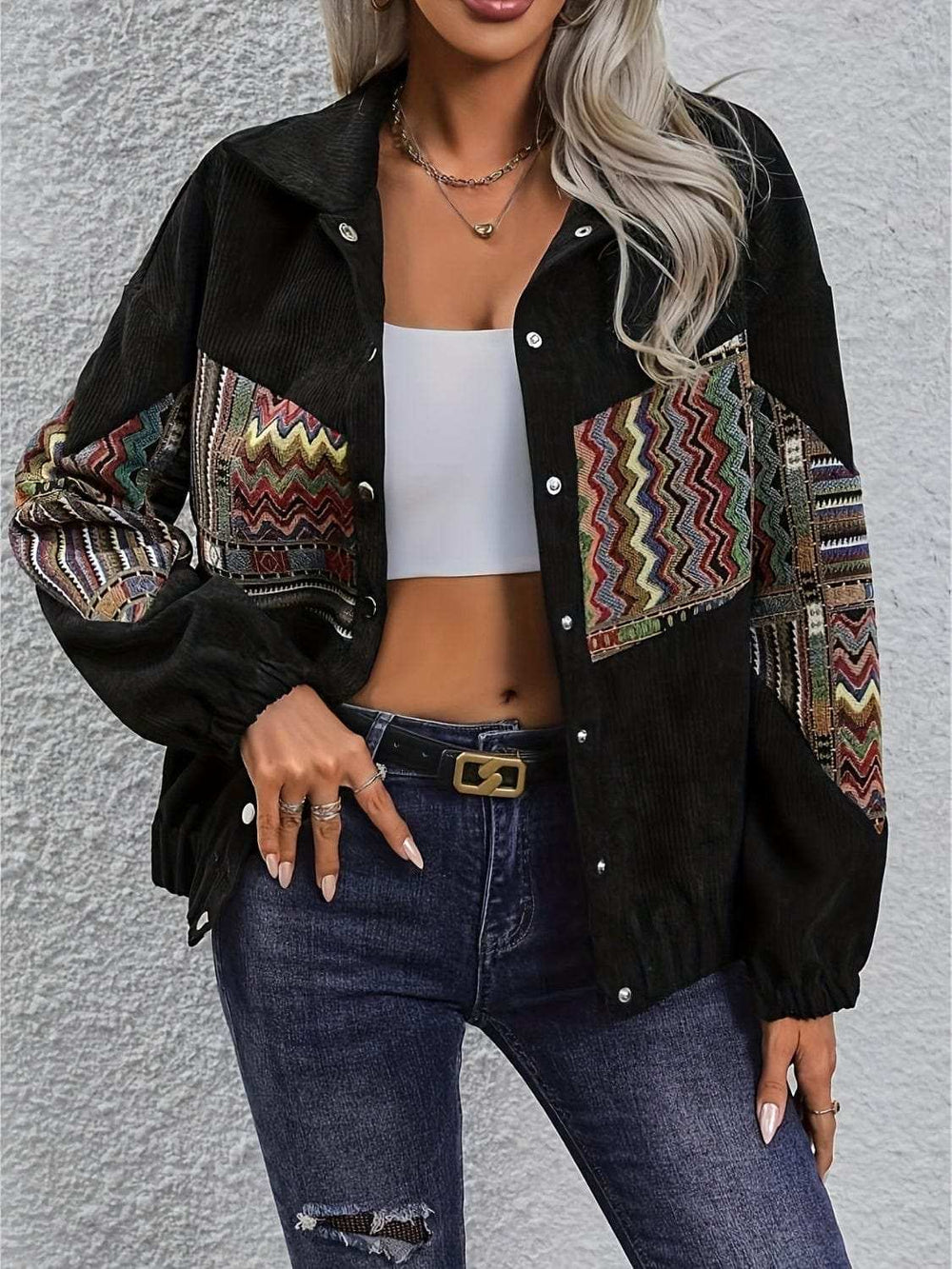 Embroidered Collared Neck Snap Down Jacket - Trendsi - Flyclothing LLC