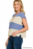 Zenana Split Neck Sleeveless Stripe Sweater - Trendsi - Flyclothing LLC