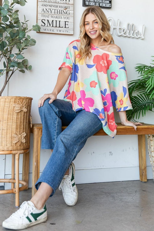HOPELY Floral Waffle Oversize T-Shirt - Trendsi