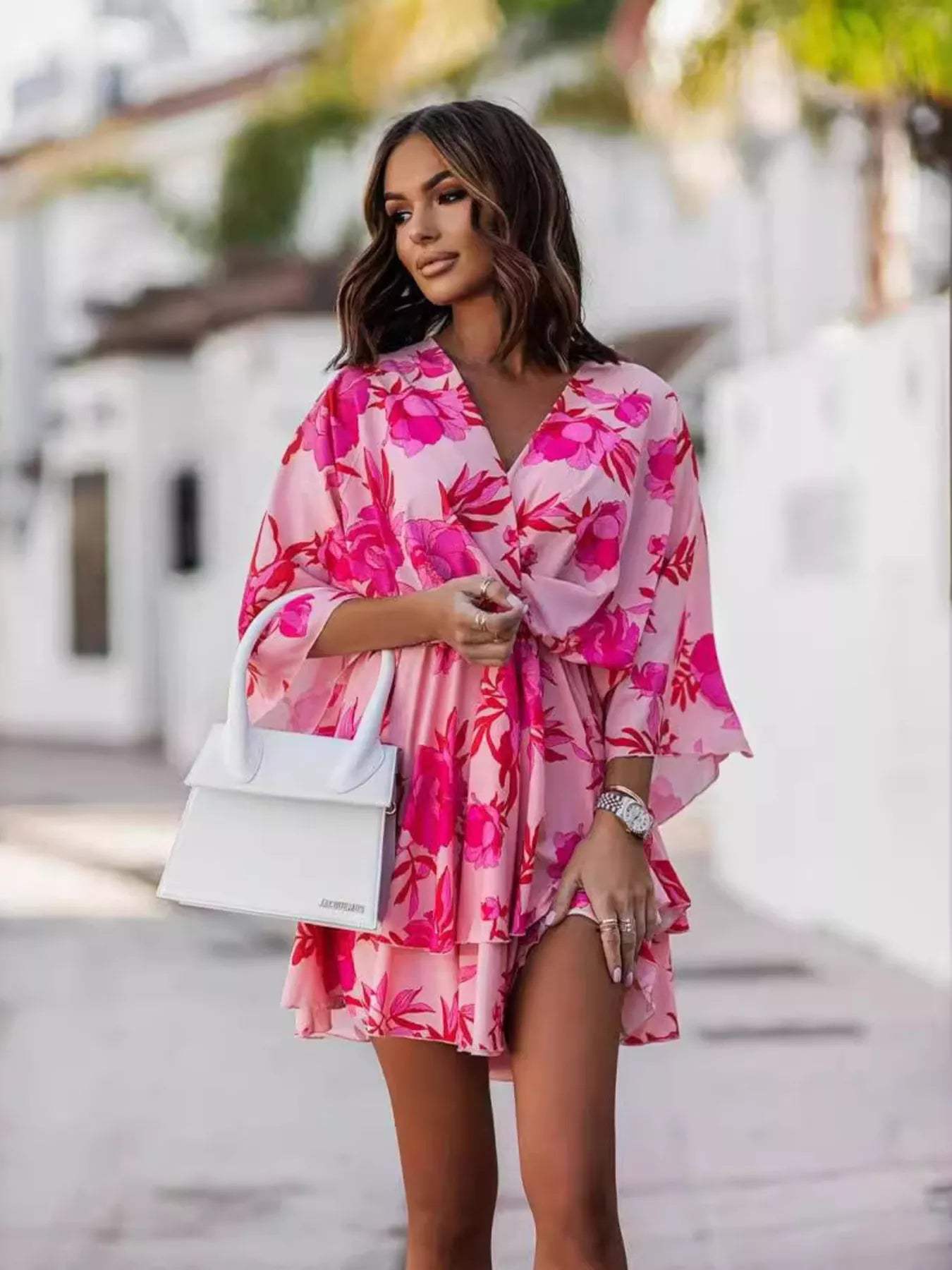 Layered Printed Surplice Mini Dress - Trendsi - Flyclothing LLC
