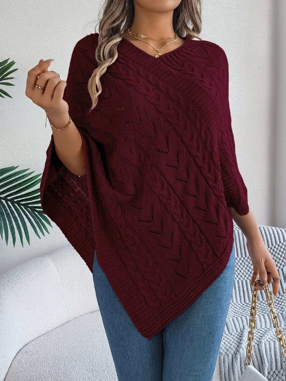 Cable-Knit Openwork Three-Quarter Sleeve Sweater - Trendsi - Flyclothing LLC