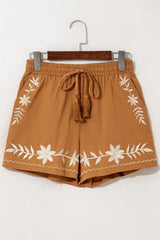 Embroidered Boho Tasseled Drawstring Elastic Waist Casual Shorts - Trendsi - Flyclothing LLC