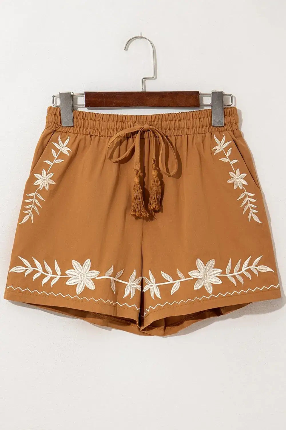 Embroidered Boho Tasseled Drawstring Elastic Waist Casual Shorts - Trendsi - Flyclothing LLC