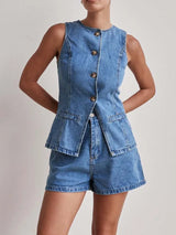 Button Down Vest and Shorts Denim Set - Trendsi - Flyclothing LLC
