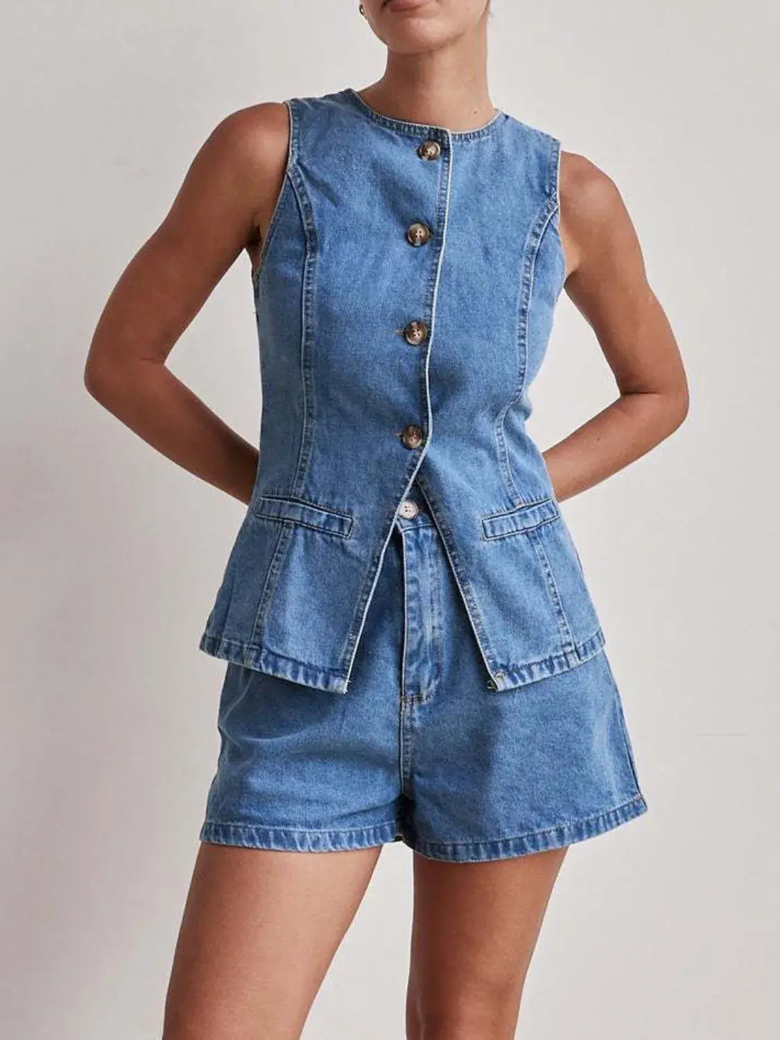Button Down Vest and Shorts Denim Set - Trendsi - Flyclothing LLC