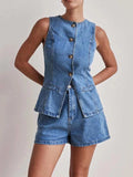 Button Down Vest and Shorts Denim Set - Trendsi - Flyclothing LLC