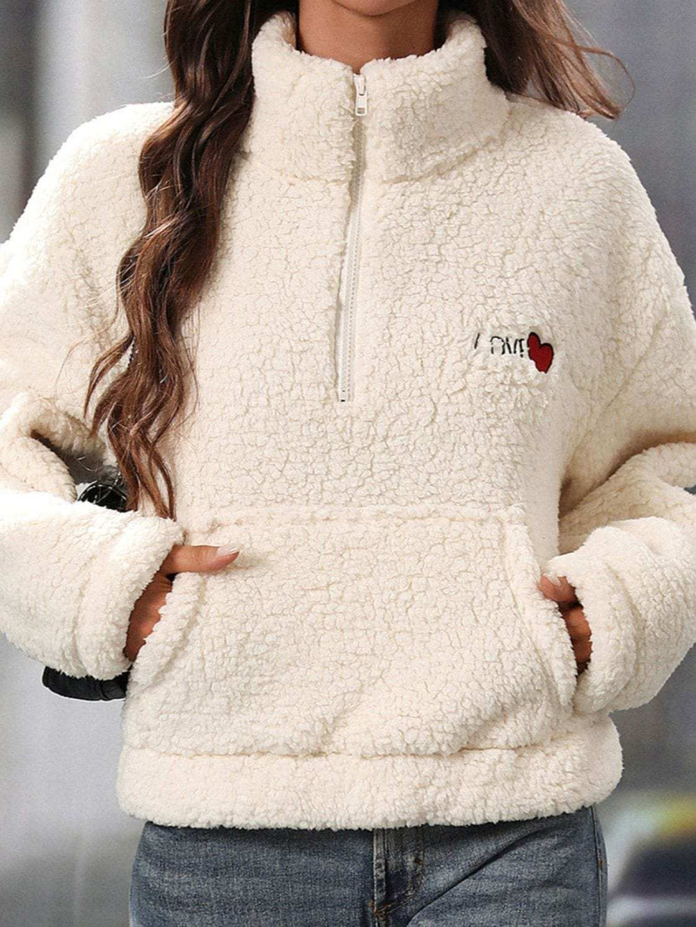 Heart Half Zip Long Sleeve Teddy Sweatshirt - Trendsi - Flyclothing LLC