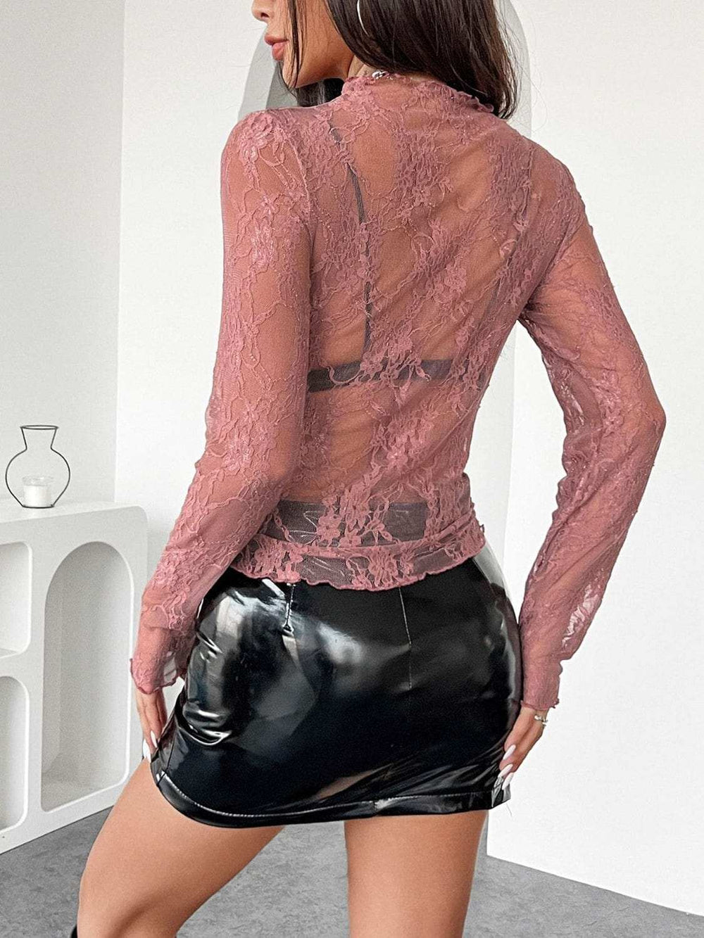 Mock Neck Long Sleeve Sheer Lace Top - Trendsi - Flyclothing LLC