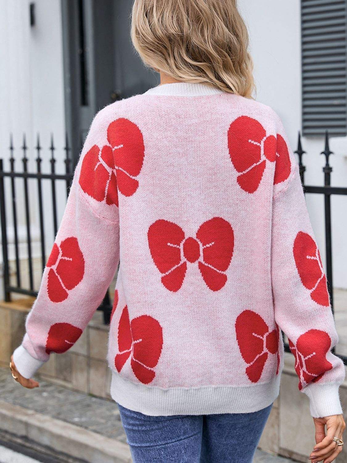 Angel Wings Bow Round Neck Dropped Shoulder Sweater - Trendsi - Flyclothing LLC