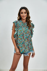 Ruffled Ditsy Floral Mock Neck Cap Sleeve Blouse - Trendsi