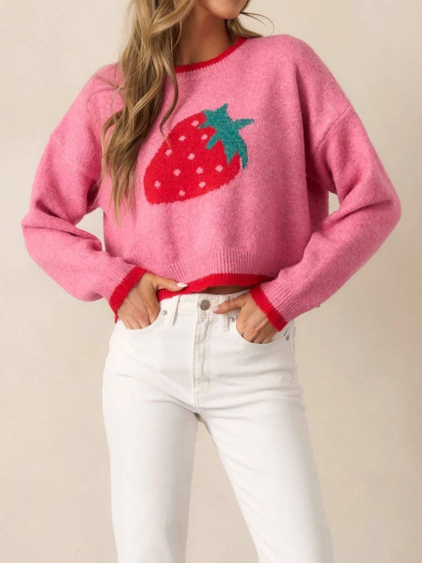 Strawberry Round Neck Long Sleeve Sweater - Trendsi - Flyclothing LLC