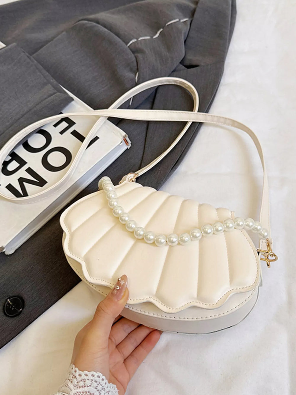 Shell-Shaped Pearl Decor Crossbody Bag - Trendsi - Flyclothing LLC