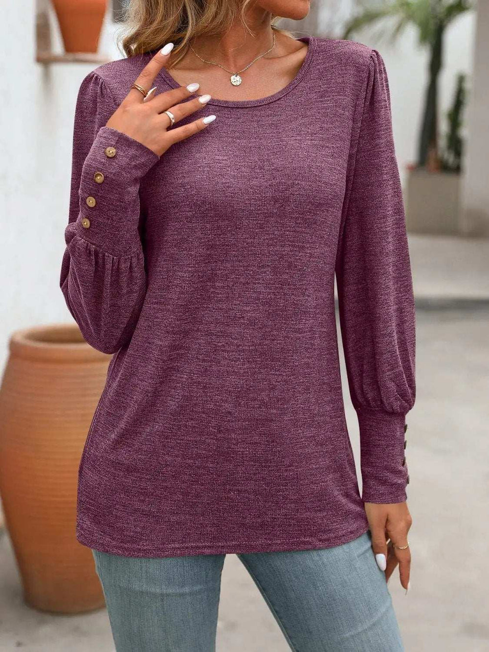 Decorative Button Round Neck Long Sleeve T-Shirt - Trendsi - Flyclothing LLC
