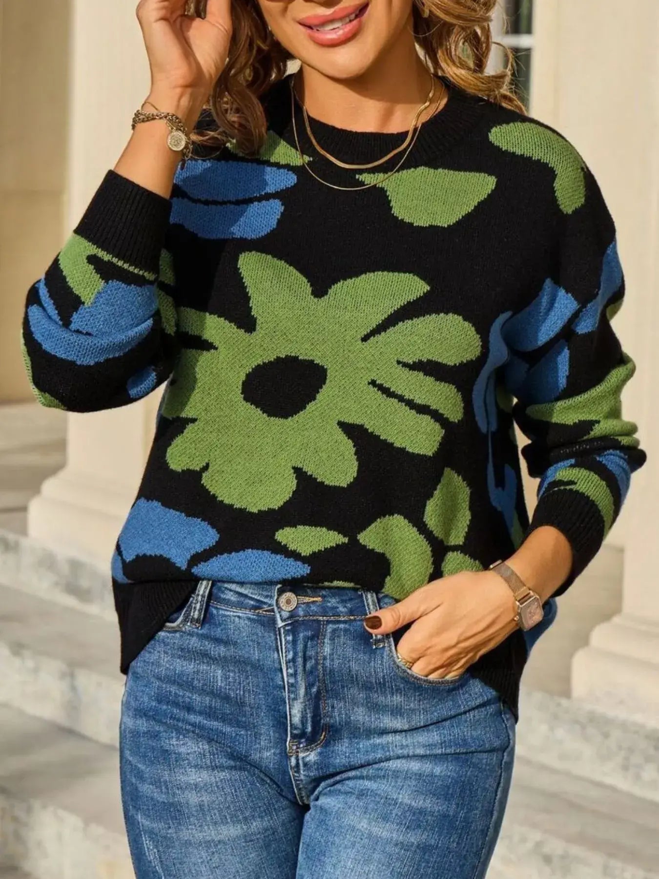Floral Crew Neck Long Sleeve Sweater - Trendsi - Flyclothing LLC
