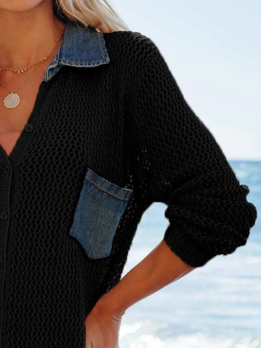 Side Slit Openwork Collared Neck Cover-Up - Trendsi - Flyclothing LLC