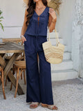 Devine Tied V-Neck Sleeveless Top and Pants Set - Trendsi - Flyclothing LLC