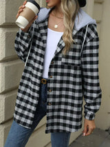 Plaid Button Up Long Sleeve Drawstring Hooded Jacket - Trendsi - Flyclothing LLC