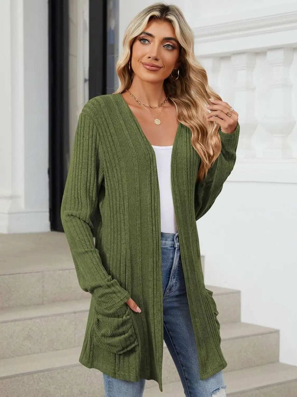 Pocketed Open Front Long Sleeve Cardigan - Trendsi - Flyclothing LLC