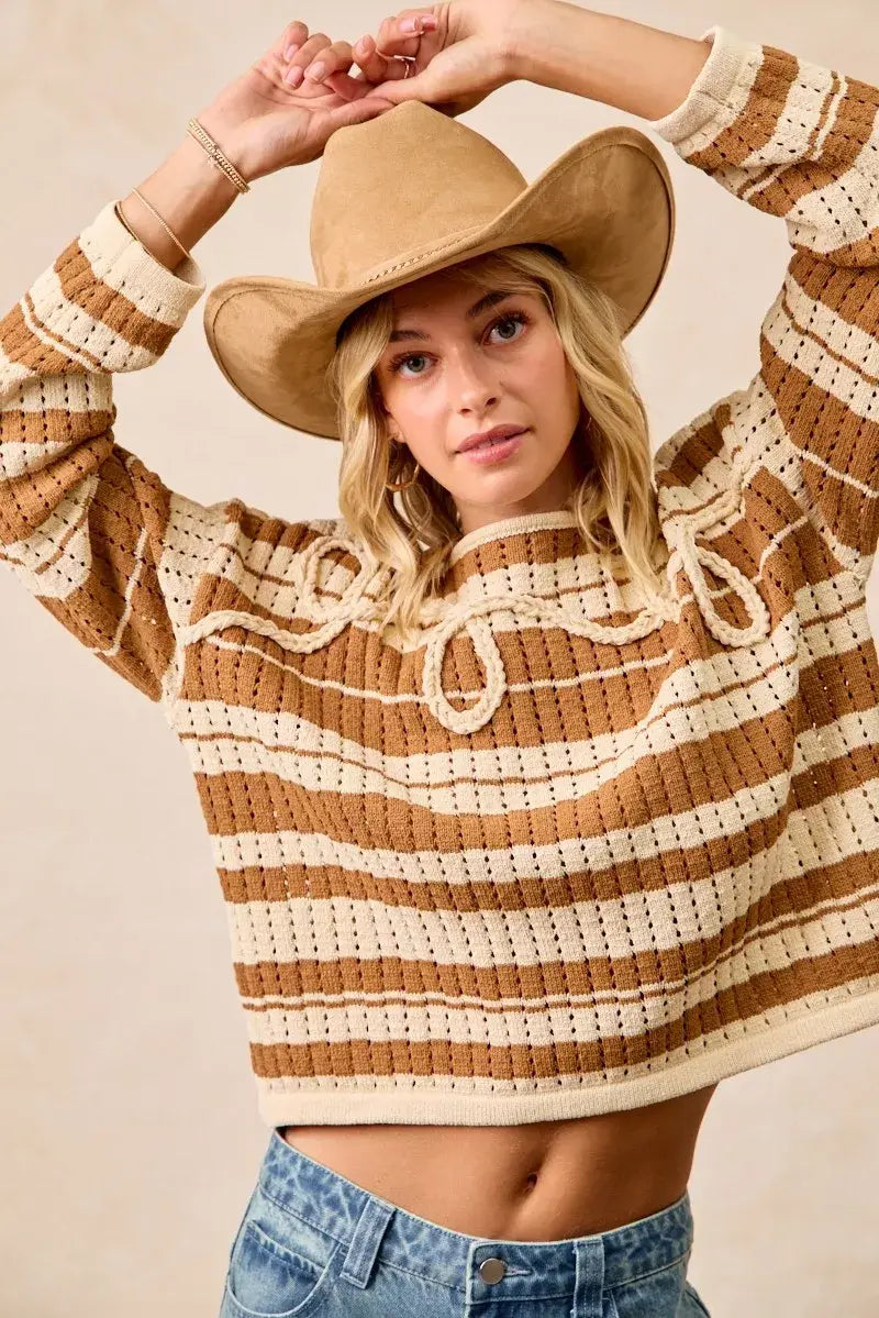 BiBi Striped Open Knit Sweater Top with Front Braided Detail - Trendsi - Flyclothing LLC