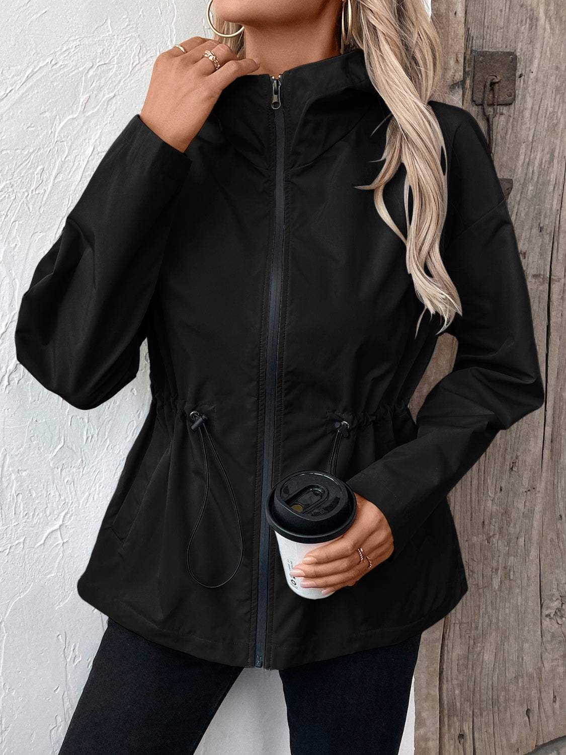 Drawstring Zip Up Hooded Jacket - Trendsi - Flyclothing LLC