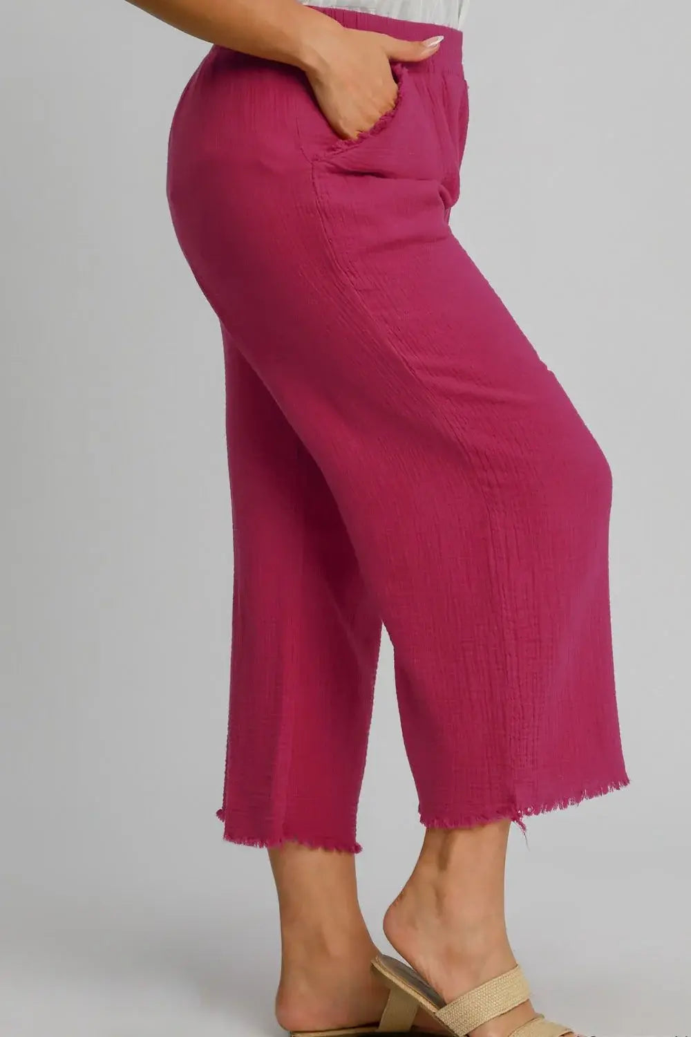 Umgee Full Size Raw Hem Elastic Waist Wide Leg Pants Plus Size - Trendsi - Flyclothing LLC