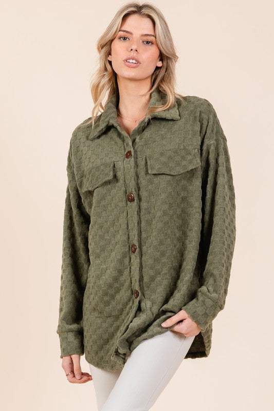 BOMBOM Checkered Button Down Dropped Shoulder Shacket - Trendsi - Flyclothing LLC