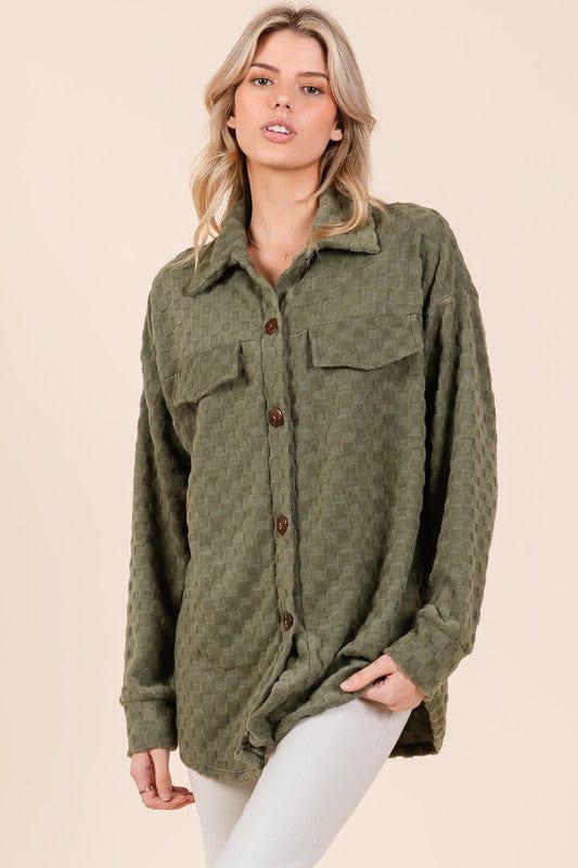 BOMBOM Checkered Button Down Dropped Shoulder Shacket - Trendsi