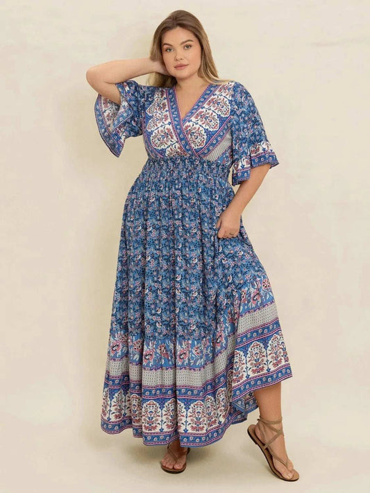 Plus Size Printed Surplice Half Sleeve Dress - Trendsi - Flyclothing LLC
