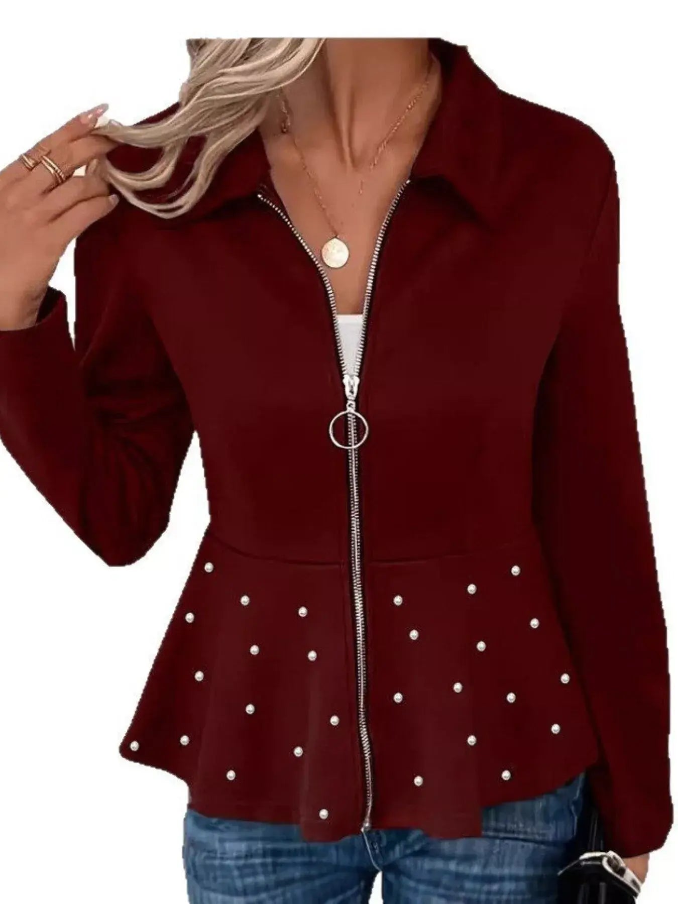 Pearl Embellished Zip-Up Peplum Outerwear - Trendsi - Flyclothing LLC