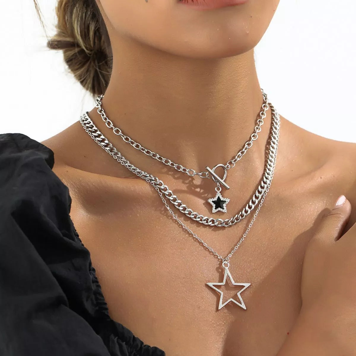 3-Piece Layered Star Pendant Necklace - Trendsi - Flyclothing LLC