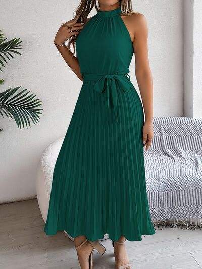 Grecian Neck Tie Waist Pleated Dress - Trendsi - Flyclothing LLC