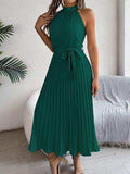 Grecian Neck Tie Waist Pleated Dress - Trendsi - Flyclothing LLC