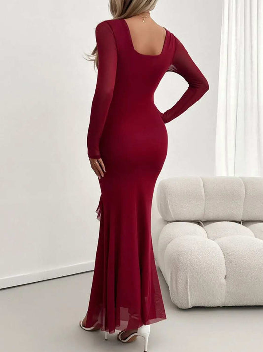 Devine Ruffled Surplice Long Sleeve Maxi Dress - Trendsi - Flyclothing LLC