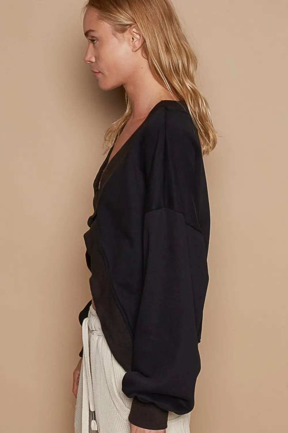 POL V-Cutout Rib Band Long Sleeve Sweatshirt - Trendsi - Flyclothing LLC