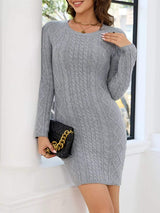 Long Sleeve Cable Knit Cutout Backless Mini Dress - Trendsi - Flyclothing LLC