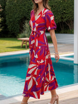 Tied Slit Printed Half Sleeve Midi Dress - Trendsi - Flyclothing LLC