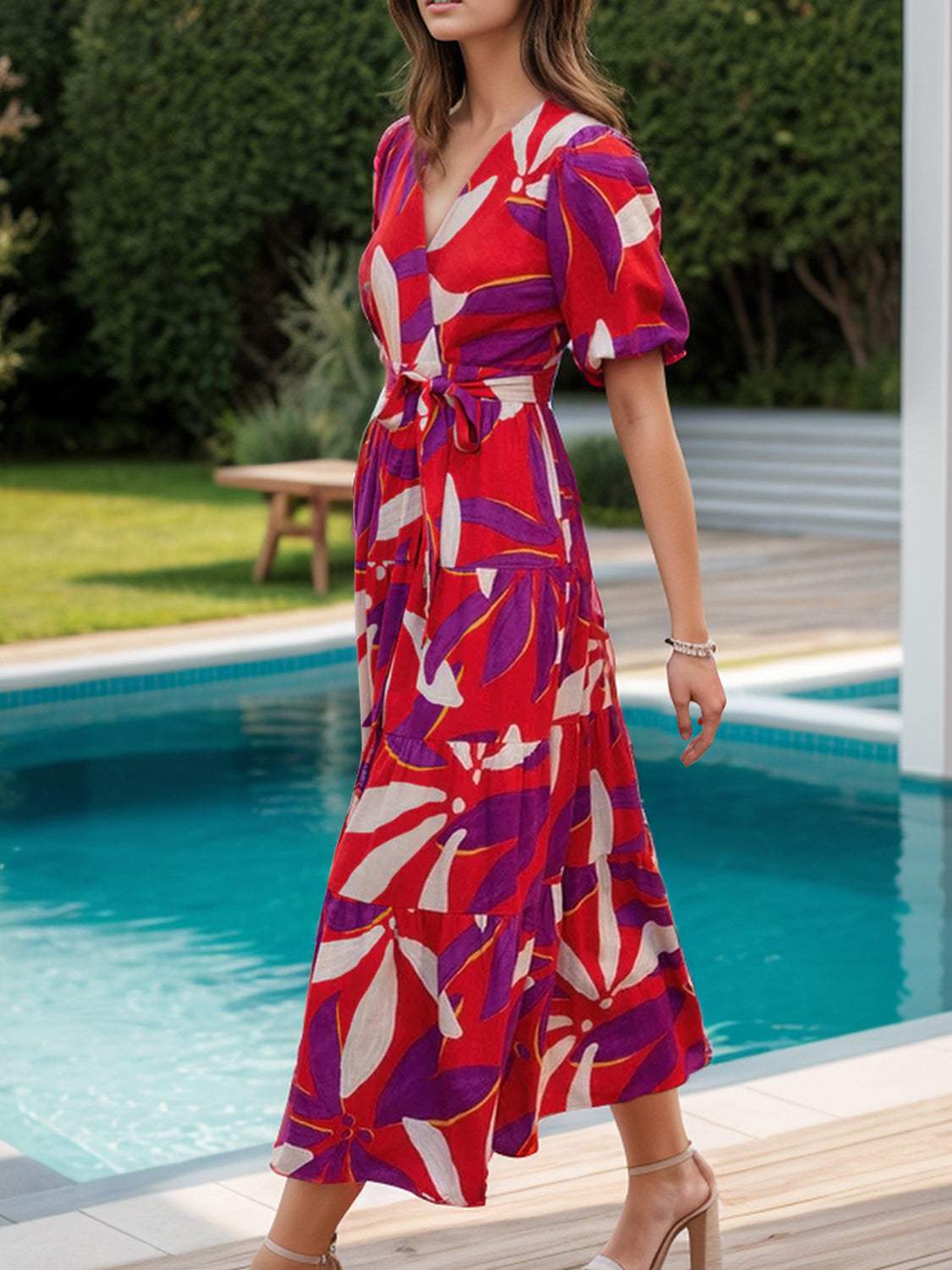 Tied Slit Printed Half Sleeve Midi Dress - Trendsi - Flyclothing LLC