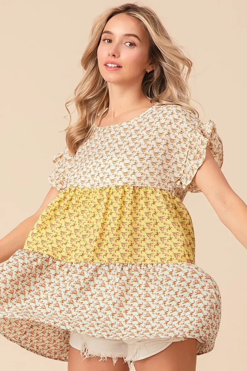 BiBi Flroal Printed Woven Color Block and Tiered Top - Trendsi - Flyclothing LLC