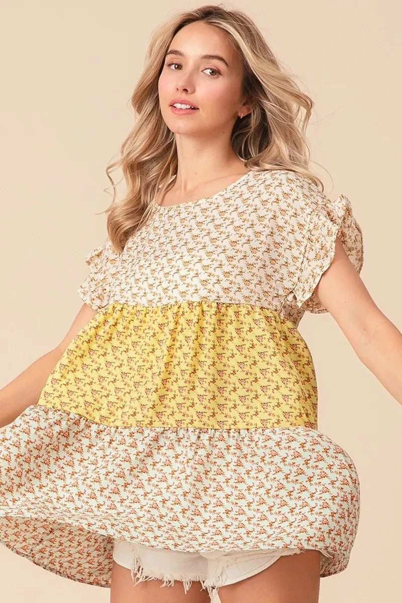 BiBi Flroal Printed Woven Color Block and Tiered Top - Trendsi - Flyclothing LLC