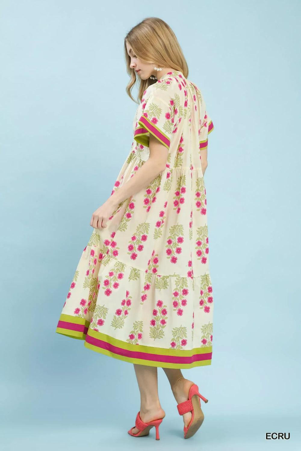 Umgee Floral Border Tiered Midi Dress - Trendsi - Flyclothing LLC