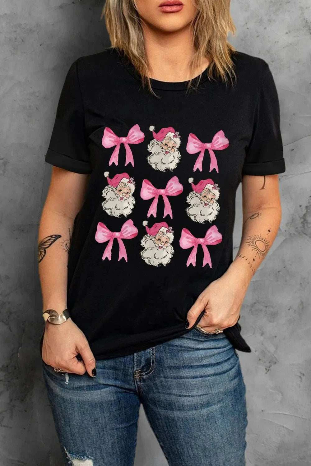 Santa & Bow Graphic Round Neck Short Sleeve T-Shirt - Trendsi - Flyclothing LLC