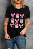 Santa & Bow Graphic Round Neck Short Sleeve T-Shirt - Trendsi - Flyclothing LLC