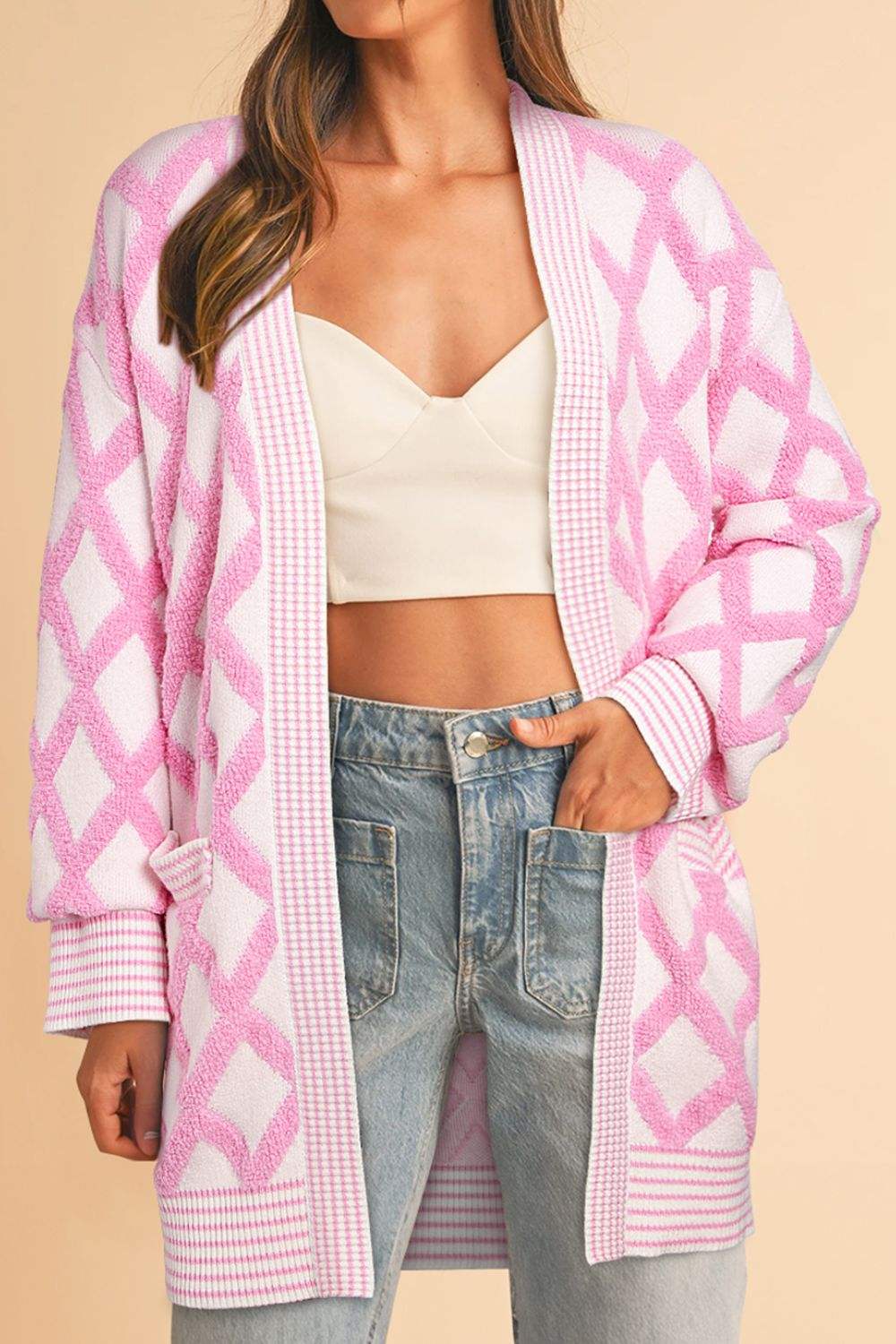 Geometric Open Front Long Sleeve Cardigan - Trendsi - Flyclothing LLC