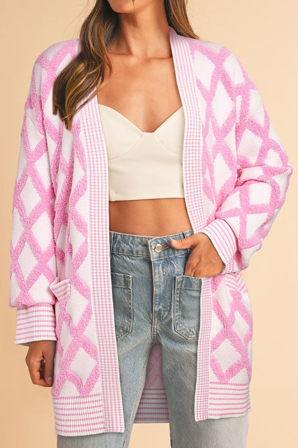 Geometric Open Front Long Sleeve Cardigan - Trendsi