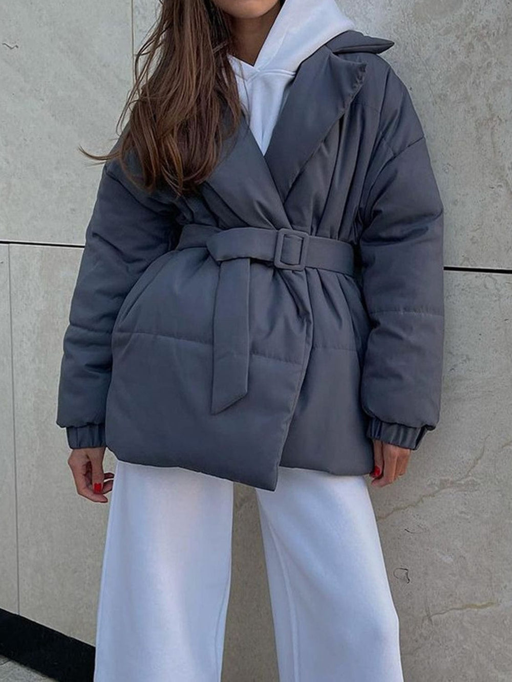 Puffer Long Sleeve Winter Coat with Belt - Trendsi