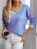 Contrast Trim Striped V-Neck Long Sleeve Knit Top - Trendsi - Flyclothing LLC